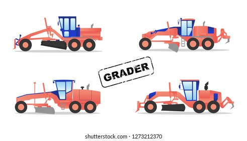 Various models of graders isolated on white background. Flat icons. Vector illustration. Modern flat style.