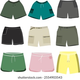 various models of shorts, various colors ranging from dark to light, comfortable pants to wear
