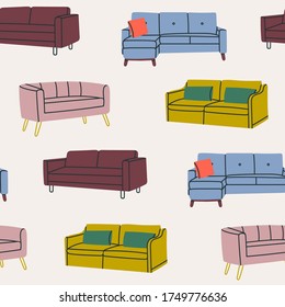 Various modern colorful comfortable Couches and Sofas. Cushioned furniture for rest and relaxation. Hand drawn Vector Seamless Pattern. Background, Wallpaper. Perfect for textile prints