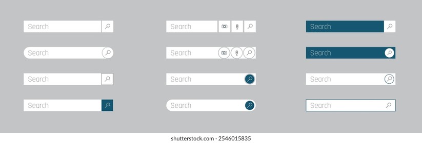 Vários designs modernos de barras de pesquisa exibidos em um fundo neutro, mostrando diversos estilos e funcionalidades no design da interface do usuário.