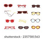 Various modern trendy sunglasses, optic eyewear for different purpose isolated set on white background. Vector illustration of hipster eyegear, retro eye vision accessories, sun protective glasses