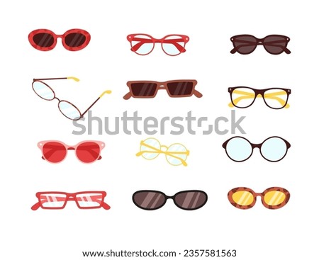 Various modern trendy sunglasses, optic eyewear for different purpose isolated set on white background. Vector illustration of hipster eyegear, retro eye vision accessories, sun protective glasses