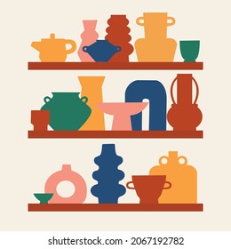 Various modern vases and pottery on the shelves. Abstract hand drawn vector illustration. All elements are isolated.