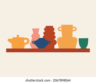 Various modern vases and pottery on the shelves. Abstract hand drawn vector illustration. All elements are isolated.