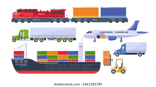 Verschiedene Transport und Verkehr-Lastkraftwagen, Züge, ein Flugzeug, ein Schiff und Kleinere Logistikelemente wie ein Gabelstapler