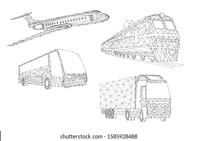 Various modes of transport, plane, bus, train locomotive, truck. Set of icons mixed media from abstract futuristic polygonal black lines and dots. Vector illustration.