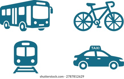 Various modes of transportation illustrated, featuring a bus, bicycle, train, and taxi
