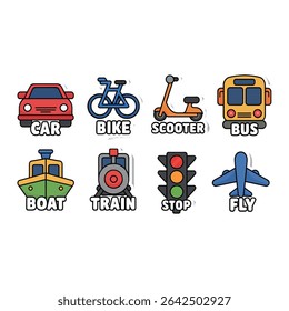 Various modes of transportation isolated on white background