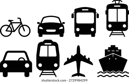 Varios modos de transporte sobre un fondo blanco.