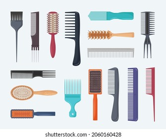 Various modifications of combs set. olorful tems for styling hair and hairstyles plastic and metal accessories for stylists and convenient items for everyday care. Cartoon grooming vector.