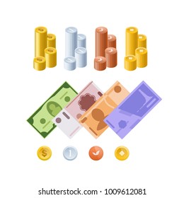 Various monetary currencies, in form of cash, paper bills, gold and silver coins. Piles of money. Packed dollars and euros. Flying banknotes. Methods of payment, money turnover. Vector illustration.