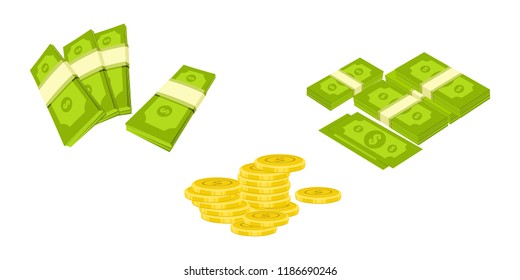 Various money bills dollar cash paper bank notes vector set. Money cash heap. Vector stock illustration. Paper Money and Coins Vector Icon