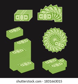 Various money bills dollar cash paper bank notes and gold coins vector set. Money cash heaVarious money bills dollar cash paper bank notes and gold coins vector set. pile and stack money illustrationM