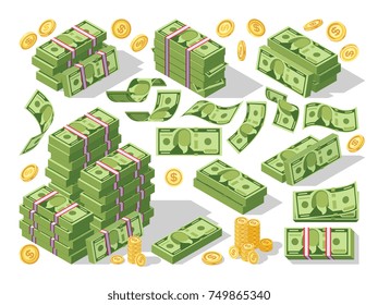 Various money bills dollar cash paper bank notes   gold coins vector set  Money cash heap  pile   stack money illustration