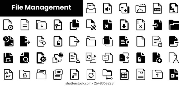 Vários ícones monocromáticos que representam tarefas de gerenciamento de arquivos, incluindo ações de documento como copiar, colar e vincular, ideais para interfaces digitais.
