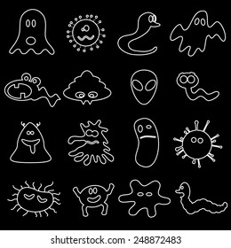 various monsters white outline icons on black background eps10