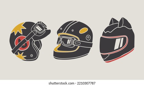 Various motorcycle or scooter Helmets. Crash helmet with googles, visor, ears, windshield. Hand drawn modern Vector illustration. Motorsport safety, head protection concept. Isolated elements