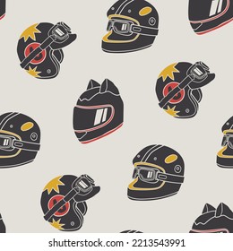 Various motorcycle or scooter Helmets. Crash helmet with googles, visor, ears, windshield. Hand drawn modern Vector illustration. Head protection concept. Square seamless Pattern