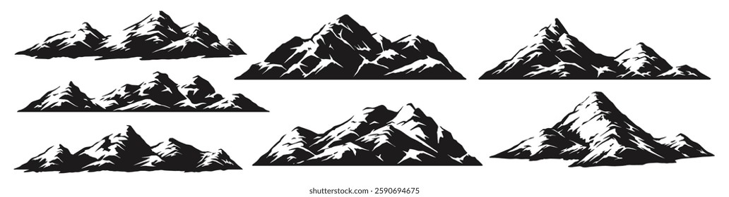 Various mountain shapes showcase rugged peaks adorned with snow. The contrasting black and white design highlights the natural beauty of mountainous landscapes.