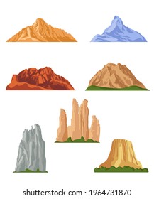 Various mountains flat pictures collection. Cartoon rocky hills, rocks and mountain tops isolated vector illustrations. Landscape design elements and terrain concept