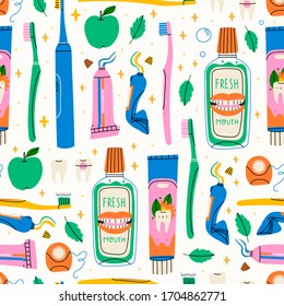 Various mouth cleaning tools. Toothbrushes, paste, dental floss, mouthwash. Dental hygiene, Oral care, healthcare concept. Hand drawn Vector seamless Pattern. Background, wallpaper