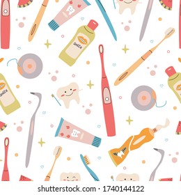 Various mouth cleaning tools. Toothbrushes, toothpaste, dental floss, mouthwash. Oral Hygiene, Oral Care, Healthcare Concept. Hand drawn vector seamless pattern. Background, wallpaper.
