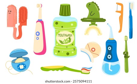 Various mouth cleaning tools. Toothbrushes, toothpaste, dental floss, mouthwash. Dental hygiene, Oral care, healthcare concept. Hand drawn Vector isolated illustration isolated on white background 