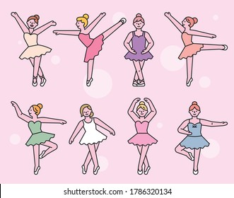 Various movements of cute ballerinas. flat design style minimal vector illustration.