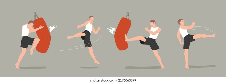 Various movements of kickboxers training in the gym. flat design style vector illustration.