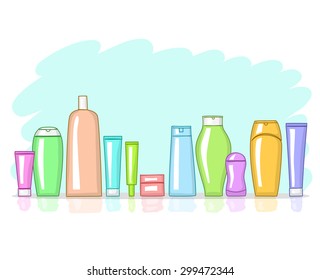 Various multicolor cosmetic products. Different jars and tubes are standing in a row. A lot of cosmetics