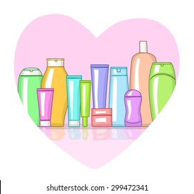 Various multicolor cosmetic products in heart-shaped frame. Love cosmetics concept