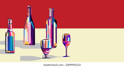 Various multi-colored bottles with wine and beer and a glass next to them. There is a copy space nearby.