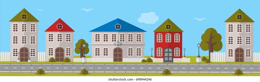 Various Multi-Colored Buildings. Vector illustration. Town landscape.