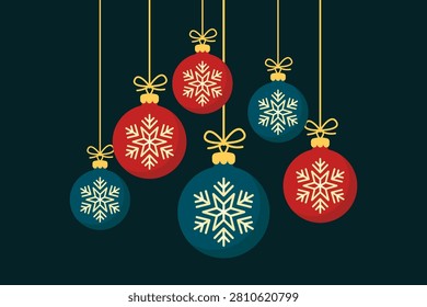 Various multicolored hanging Christmas tree balls. Horizontal front and side views. Vector simple flat graphic illustration. Isolated object on a dark blue-green background. Isolate.