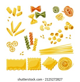 Various multi-colored paste set on a white isolated background. Italian macaroni cuisine. Vector cartoon illustration.