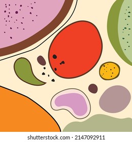 Various multi-colored shapes, spots, dots, stripes are drawn. Lilac, Pink, Brown, Green, Orange. Suitable for printing on pillow, postcard, invitation, flyer. Modern fashion vector illustration.
