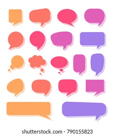 Various multicolored speech bubbles set. Blue, purple, red, orange, yellow text boxes. Vector illustration