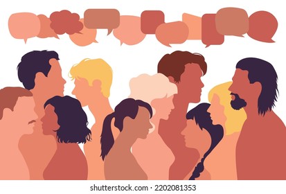 Various multi-ethnic people are talking and interacting in a speech bubble. Ideas and thoughts are being shared. Talking and communicating. Socializing and informing. 