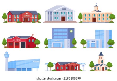 Various municipal buildings. Civil infrastructure of the city. Vector illustration