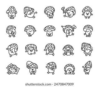 Various mushroom characters. Coloring Page. Funny cartoon hero. Hand drawn style. Vector drawing. Collection of design elements.