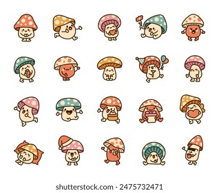 Various mushroom characters. Funny cartoon hero. Hand drawn style. Vector drawing. Collection of design elements.