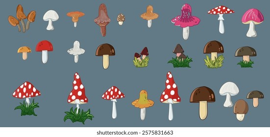 Various mushroom characters. Funny cartoon hero. Hand drawn style. Vector drawing. Collection of design elements.