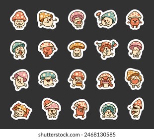 Various mushroom characters. Sticker Bookmark. Funny cartoon hero. Hand drawn style. Vector drawing. Collection of design elements.