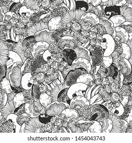 Various mushroom seamless pattern.  Mushroom background. Hipster style. Vector illustration