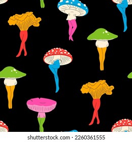 Various Mushrooms with graceful female legs. Abstract ladies with mushroom hats. Hand drawn modern Vector illustration. Unique creatures, characters. Psychedelic, trip concept. Square seamless Pattern