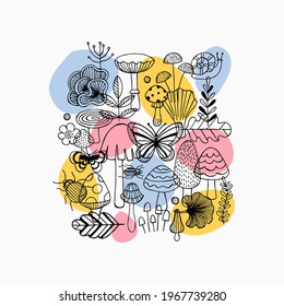 Various mushrooms and insects composition. Linear graphic. Scandinavian minimalist style. Forest elements. Vector illustration.