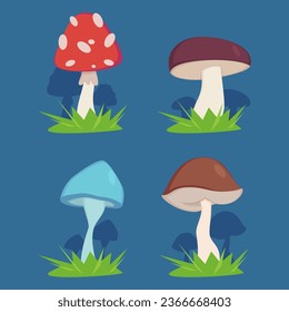 Various mushrooms on grass vector illustrations set. Poisonous and edible plants or fungus growing in wild forest on blue background. Autumn nature, food, wildlife concept