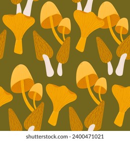 various mushrooms on a green background. mushroom print with autumn mood.