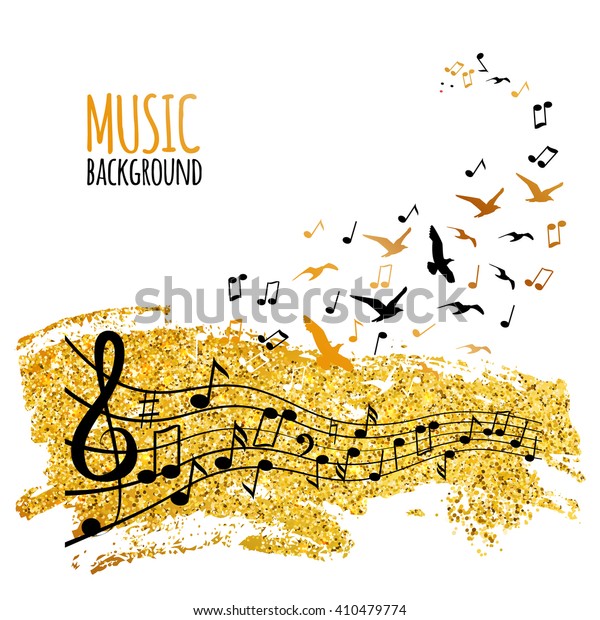 飛ぶ鳥や金色の輝きなど 杖に関するさまざまな音符 音楽コンセプトの背景 音楽アートのポスター ベクターイラスト のベクター画像素材 ロイヤリティフリー