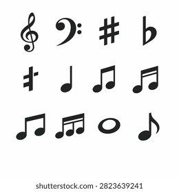 Various music notes and symbols in black color isolated